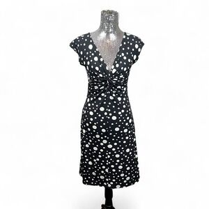 Retro Mod Polka Dot Knit Midi Dress 12 Twist Bust Ruched Waist Cap Sleeve Chic